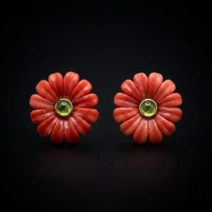 Orecchini "Fiore" corallo rosso, tormalina, argento 925/1000 dorato