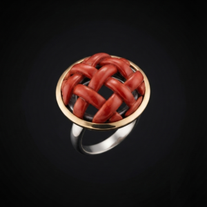 Anello "Intrecci" corallo rosso e argento 925/100 dorato
